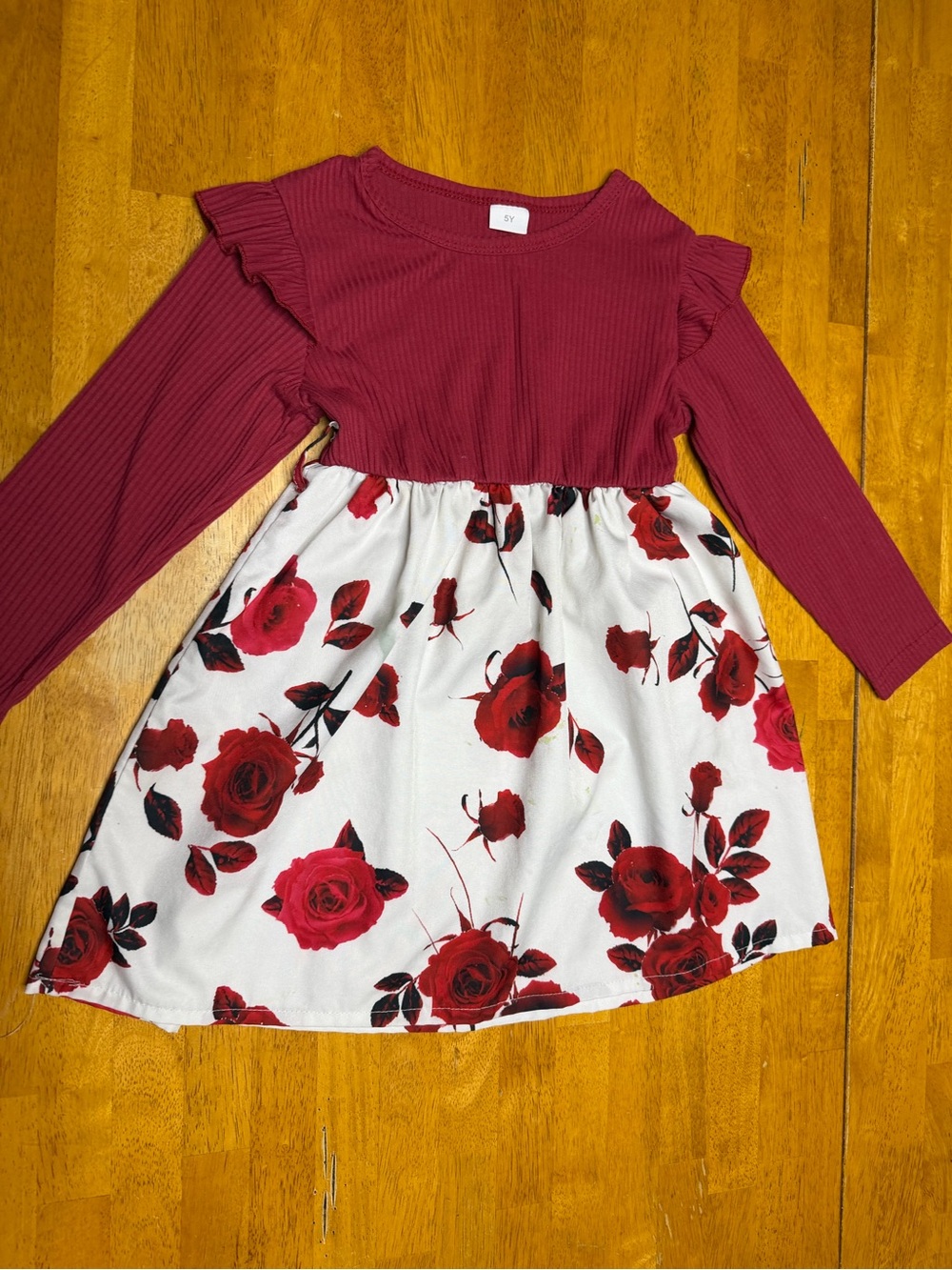 Girls' Burgundy and White Floral Long-Sleeve Dress